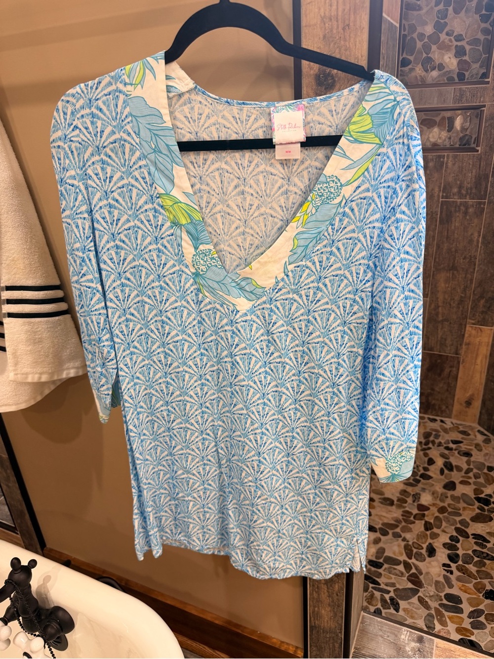 Light Blue Printed V-Neck Women’s Swim Cover-Up with Floral Trim